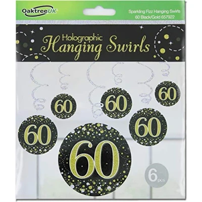 Image of OakTree Sparkling Fizz Hanging Swirls 60th Black/Gold 6pcs