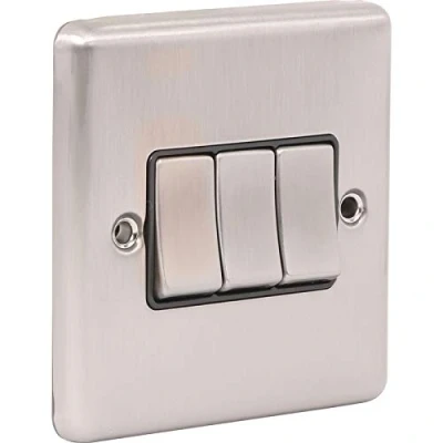 Image of 3 Gang Triple Light Switch, Brushed Steel Satin Stainless, 2 Way, 10AX (W03BSB)