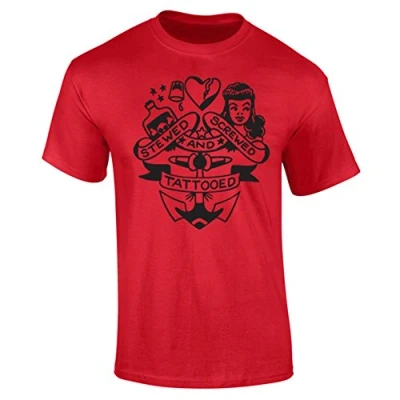 Image of Flip Mens Stewed Screwed and Tattooed Traditional Tattoo T Shirt Red (XL)