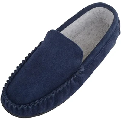 Image of SNUGRUGS Mens Berber Fleece Lined Moccasin Slipper with Non Slip Rubber Sole Navy UK 11
