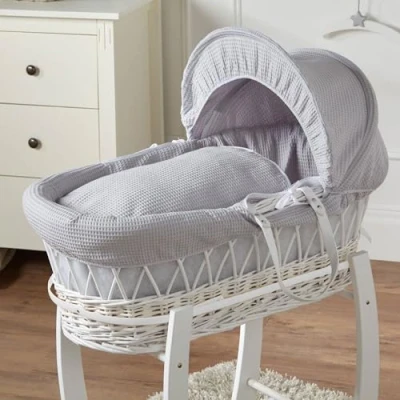 Image of For Your Little One Grey Waffle White Wicker Baby Moses Basket With Mattress