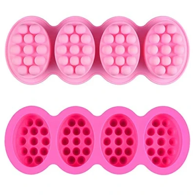 Image of Silicone Soap Mold, 4 Cavity Oval Massage Mould Cookie Chocolate Cake Mold Tray for DIY Homemade Craft (Pink)