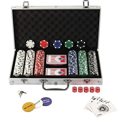 Image of display4top Texas Holdem Poker Chips Set with Aluminum Case,2 Decks of Cards, Dealer, Small Blind, Big Blind Buttons and 5 Dice (300pcs)