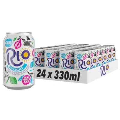 Image of Rio Tropical Light Fizzy Drinks Cans 24 Soft Drink Pack with Real Orange, Apricot, Mango, Passion Fruit, Guava Juice and No Added Sugar Lightly Sparkling of Pop Vitamin C 24x330ml