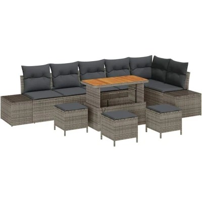 Image of vidaXL 10 Piece Garden Sofa Set with Cushions Grey Poly Rattan Acacia