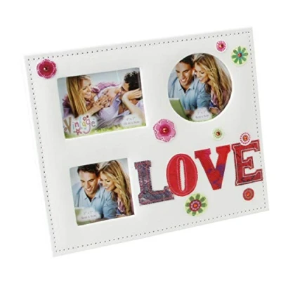 Image of &quot;Love&quot; 3 Aperture Embroidered Photo Frame In a Gift Box