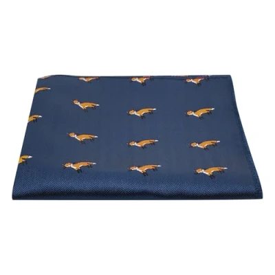 Image of King &amp; Priory Navy Blue Herringbone Embroidered Fox Pocket Square, Handkerchief