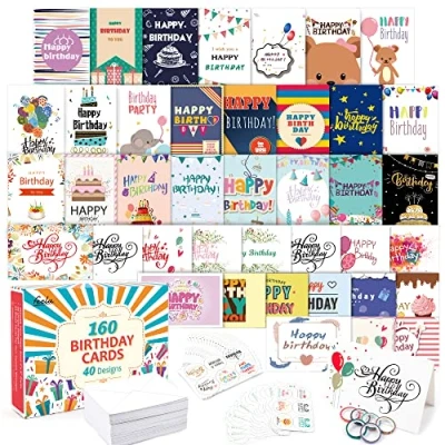 Image of 160 Pack 40 Designs Birthday Cards, Happy Card Assorted Bulk with Blank Envelopes 14 Pieces of Sticker Sheets 6 Washi Tapes, Feela 4 X Inches Greeting Cards For Family Friends Coworkers