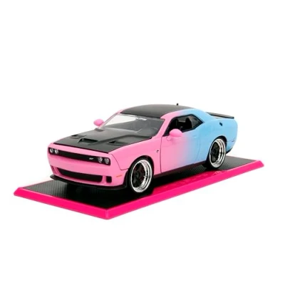 Image of Jada Pink Slips 1:24 W5 2015 Dodge Challenger SRT Hellcat Die Cast Car w/Base, Toys for Kids and Adults(Pink/Blue Gradient)