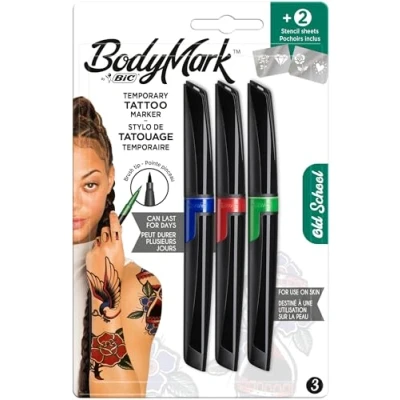 Image of Bic BodyMark OLD SCHOOL Temporary Tattoo Markers, Cosmetic Quality for Use on Skin Pack of 3 Assorted Colours and 2 Stencil Sheets Timeless Designs 3+2