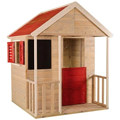 Image of Wendi Toys M5R Wooden Playhouse for Kids Outdoor, Functional Shutters, Blackboard, Veranda &amp; Toy Shelf, 120x120x155 cm, Red Durable Garden Playhouse, Outdoor Play Equipment Children