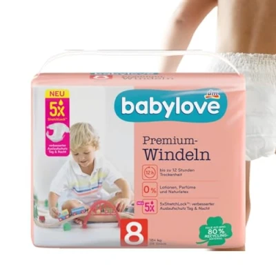 Image of Babylove Infant Diaper, Premium Size 8 XXL, 18+ kg, Pack of 1, 1.03 0% Lotion, Perfume and Natural Latex, 60% Recycled Material, Unisex Babies