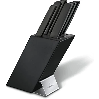 Image of Victorinox, Beech Wood Swiss Modern Knife Block, 6 Pieces, Filled with 5 Kitchen Knives and 1 Fork, Safe Storage, Black Varnished