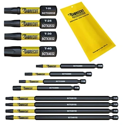 Image of 12 x SabreCut SCRK12TX 32mm 89mm 152mm T20 TX20 T25 TX25 T30 TX30 T40 TX40 Magnetic Impact Screwdriver Driver Bits Set Torx Heavy Duty Compatible with Dewalt Milwaukee Bosch Makita and More