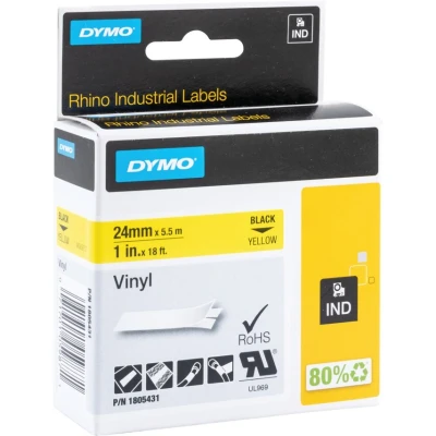 Image of DYMO Rhino Industrial Vinyl Labels 24 mm x 5.5 m Black Print on Yellow Self Adhesive for LabelManager &amp; Label Makers