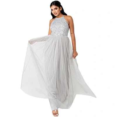Image of Maya Deluxe Women&#039;s Ladies Bridesmaid Maxi Dress Halter Neck Sequin Embellished Prom Graduation Wedding, Soft Grey, 18
