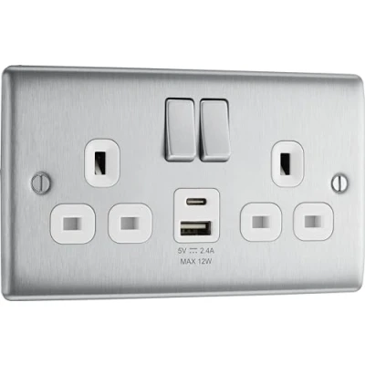 Image of BG Nexus Metal Brushed Steel, 13A Double Switched Socket with USB A + C 12W, White Inserts