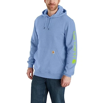 Image of Carhartt Men&#039;s Loose Fit Midweight Logo Sleeve Graphic Sweatshirt Hooded Sweatshirt, Skystone, XL Tall