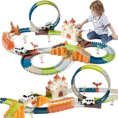 Image of TUMAMA Race Tracks Toys for Kids,202 PCS Road Kids 3 4 5 6 Year Old,Flexible Play Vehicles with Magic House,2 Electric Cars Lights,Chirstmas Gift