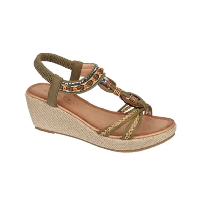 Image of Jo &amp; Joe Ladies Embellished Trim Elasticated Back Strap Wedge Sandals (Khaki, UK Footwear Size System, Adult, Women, Numeric, Medium, 5)