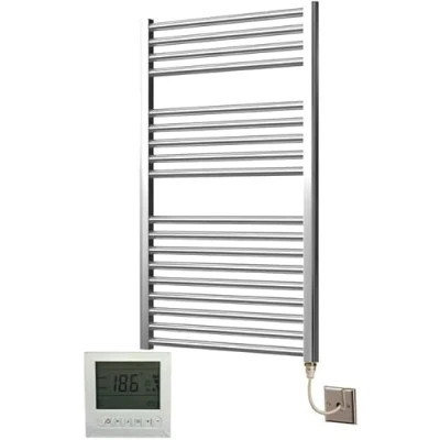Image of Greened House Electric Chrome 600W x 1000H Straight Towel Rail + Timer and Room Thermostat Bathroom Rails