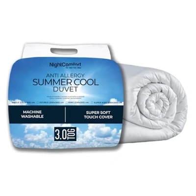 Image of Night Comfort Summer Cool 3 Tog Anti Allergy Single Duvet Breathable Premium Microfibre Cover with Lightweight Hypoallergenic Hollowfibre Filling Bedding Quilt (200cmx135cm, White)