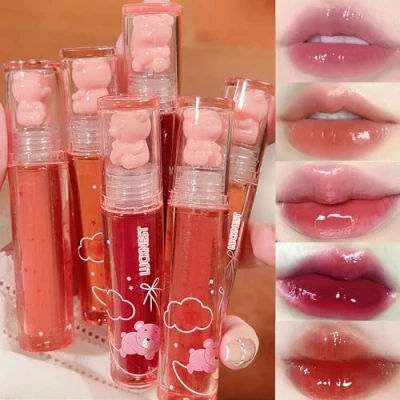 Image of 6Pcs Bear Lip Glaze Jelly Lipstick, Liquid Lipstick Cute Lipgloss Moisturizing Stain Plumping Water Gloss Waterproof Long Lasting Cheek Rouge Tint Cosmetics Beauty Makeup