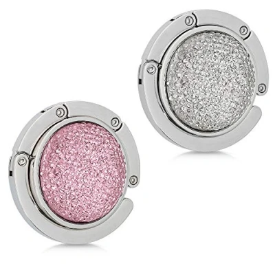 Image of kwmobile Purse Hooks for Table Set of 2 Portable Handbag Hook Foldable Bag Holder Hangers Tables with Design Small Diamonds Rose Gold/White/Silver