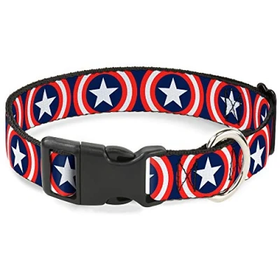 Image of Buckle Down Marvel Universe Captain America Shield Repeat Navy Plastic Clip Collar, Medium/11 17&quot;