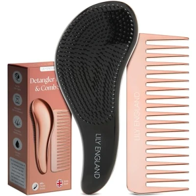 Image of Lily England Detangle Hair Brush &amp; Wide Tooth Comb Set Lightweight Detangler for Women, Kids Toddlers with Flexible Bristles Detangling Hairbrush Kit All Types, Rose Gold