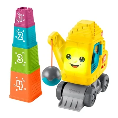Image of Fisher Price Baby &amp; Toddler Learning Toy Count Stack Crane with Blocks, Lights, Music Sounds for Infants Ages 9+ Months, English, UK + French German, Version, HXF48