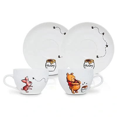 Image of Disney Winnie the Pooh Bone China 4 Piece Teacup and Saucer Set Tea Party With Coffee, Espresso, Mocha
