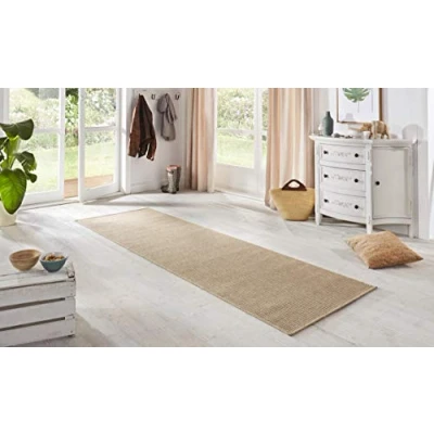 Image of BT Carpet Indoor and Outdoor Loop Runner Non Slip Flat Weave Short Pile Wool Look Fineloop Rug for Hallway, Kitchen, Garden, Patio, Bathroom Natural Beige, 80 x 350 cm, Polypropylene (PP), 80x350cm