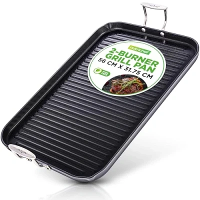 Image of NutriChef Griddle Pan, Grill Stove Top Griddle, , Non Stick Hard Anodized Flat Grill, BBQ Plate Double Burner, 50.8 x 33 cm