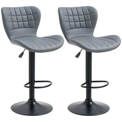 Image of HOMCOM Bar Stools Set of 2 Adjustable Height Swivel Chairs in PU Leather with Backrest &amp; Footrest, Grey