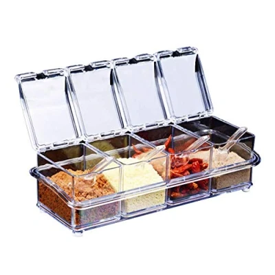 Image of Transparent Seasoning Rack Spice Pots 4 Piece Acrylic Box Storage Container Condiment Jars Cruet with Cover and Spoon