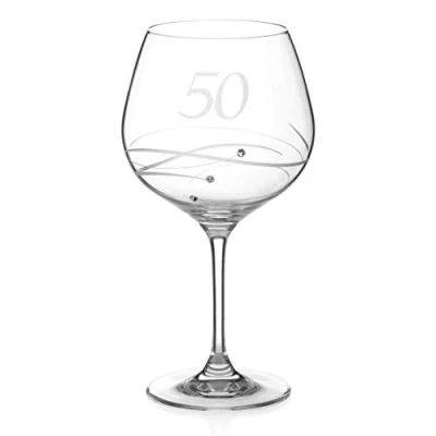 Image of DIAMANTE Swarovski 50th Birthday or Anniversary Gin Copa Single Crystal Glass with a Hand Etched “50 Embellished Crystals