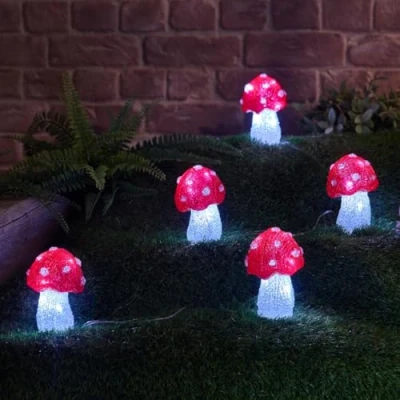 Image of Festive Lights Indoor &amp; Outdoor 5 Mushroom Acrylic On String Christmas Figures 30 Clear White LED Battery Powered Lighting Timer Decoration