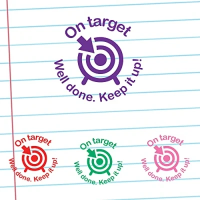 Image of On Target. Well Done. Keep it up! Self Inking Teacher Stamp 22mm Reinkable (Green) *^