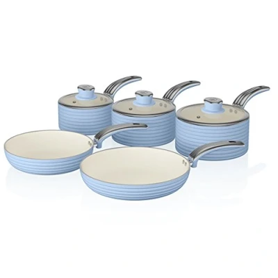 Image of Swan SWPS5020BLN Retro 5 Piece Aluminium Pan Set with Glass Lid, Non Stick Ceramic Coating, Blue