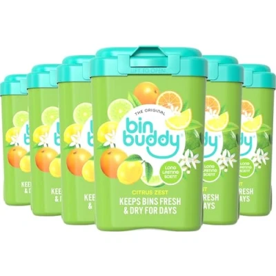 Image of Bin Buddy Fresh Citrus, 450g, Pack of 6, Freshener Deodoriser Powder, Leaves Your Smelling Great, Suitable for Indoor and Outdoor Bins