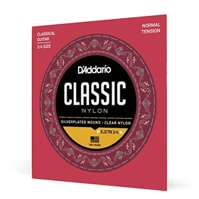 Image of D&#039;Addario Guitar Strings Classic Nylon EJ27N 3/4 Size Classical Plated Wrap, Core, Clear Student Trebles Normal Tension Scale, Silver, 1 Pack