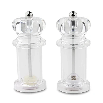 Image of Grunwerg Salt and Pepper Mill 2 Piece Set, Non Corrosive Ceramic Gears, 14cm Acrylic Clear, 6 x 14 cm