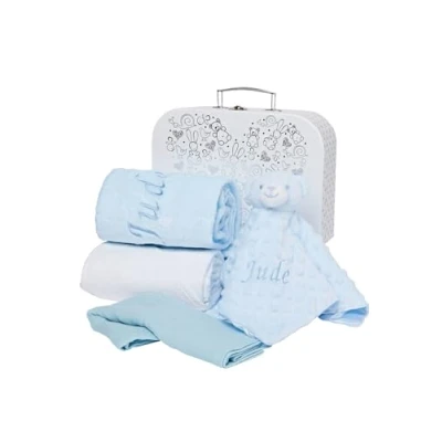 Image of Baby Box Shop Personalised Boy Gift Hamper Newborn Set with Blanket, Comforter, Hooded Towel, Muslin Cloth &amp; Welcome Card Shower Present (Blue)