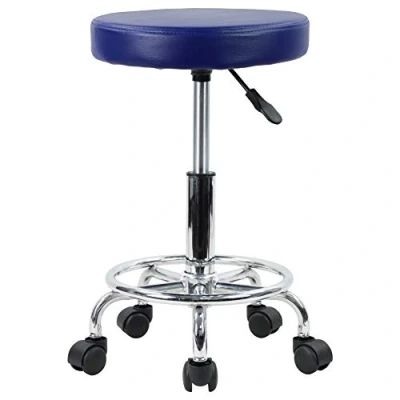 Image of KKTONER PU Leather Round Rolling Stool with Foot Rest Swivel Height Adjustment Spa Drafting Salon Tattoo Work Office Massage Stools Task Chair (Blue)