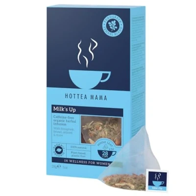 Image of HOTTEA MAMA Milk’s Up Breastfeeding &amp; Lactation Support Tea Organic Fenugreek Fennel Caffeine Free Herbal 14 Whole Leaf Biodegradable Bags (28 Cups Of Tea)
