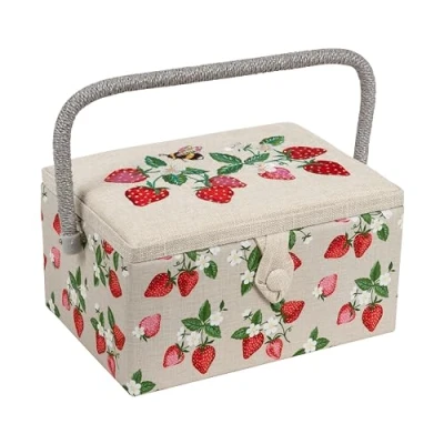 Image of Hobby Gift Exclusive Medium Sewing Craft Storage Box, Accessories Tray Pin Cushion Pocket PVC Handle Embroidered Lid 18.5 x 25.5 14.5cm, Strawberries