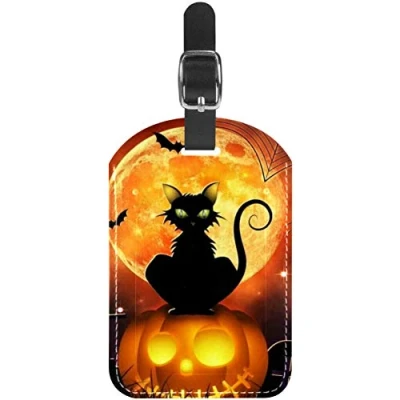 Image of Luggage Tags Halloween Cat Spider Net Bats Leather Travel Suitcase Labels 1 Packs