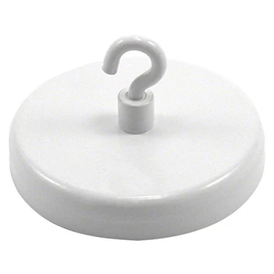 Image of Ferrite White Painted Clamping Magnet with M4 Hook for Hanging, Holding or Displaying Items 57mm dia 25kg Pull Pack of 20