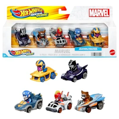 Image of Hot Wheels RacerVerse, Set of 5 Die Cast Marvel Toy Cars Optimized for Track Performance with Popular Characters as Drivers, Gift Kids &amp; Collectors, HPN40